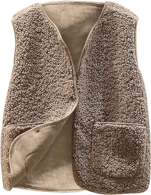 Gilet Mouton Sans Manche Femme Grande Taille Polaire Boutons Chaud Automne Hiver