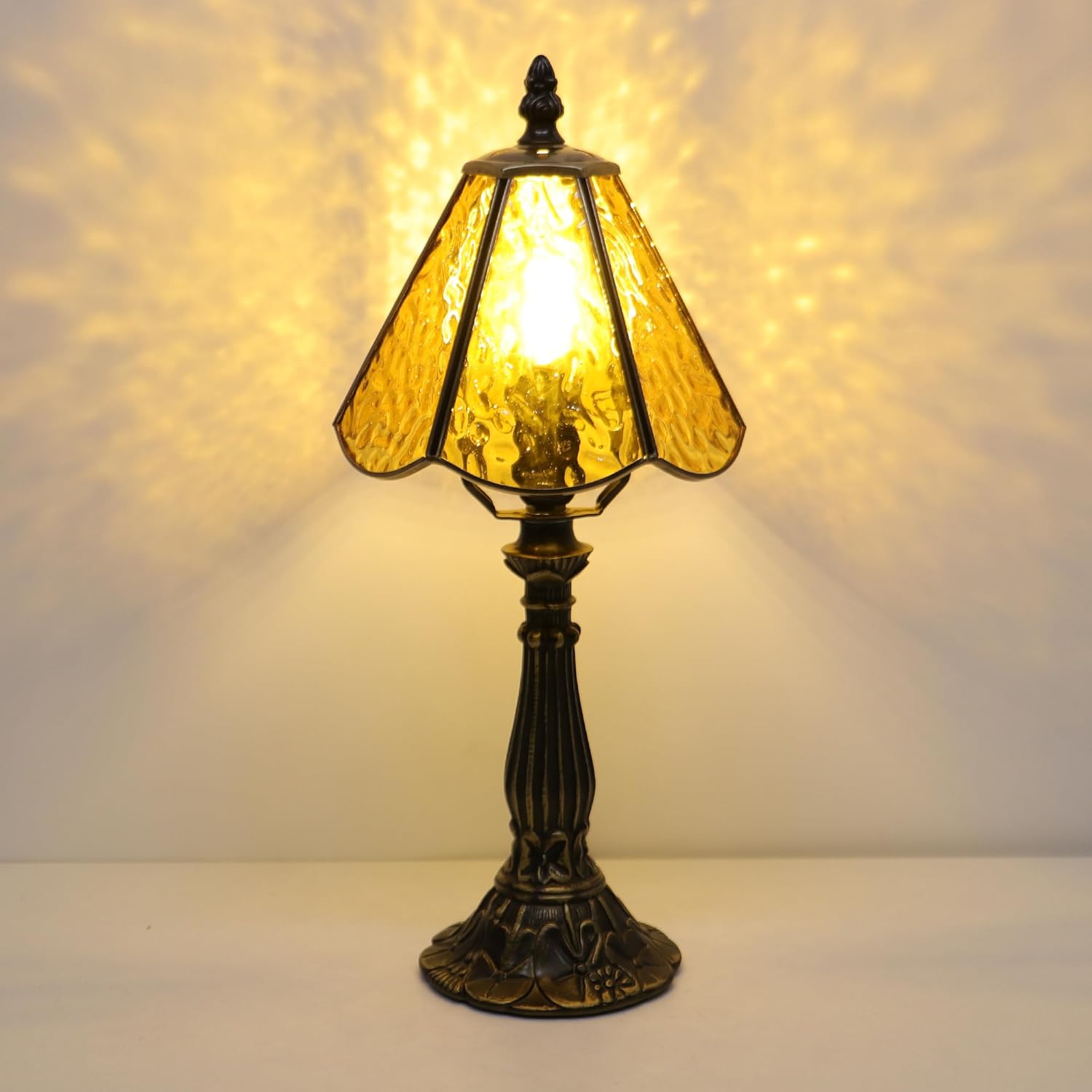 Small Tiffany Table Lamp Yellow Rippled Stained Glass Desk Lamps 6X6X14 Inch Bronze Resin Base Antique Mini Accent Light