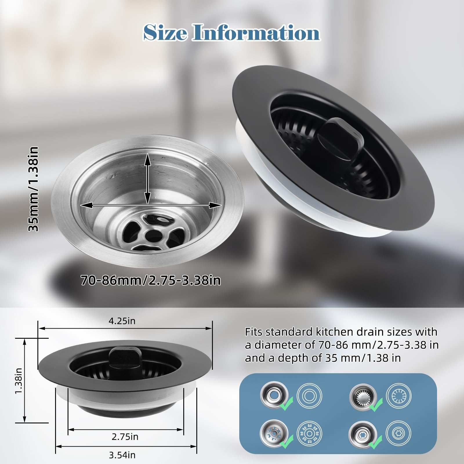 IFealClear Abflusssieb Aus Edelstahl 304 – Für 8,9 Cm Abfluss, Rostfrei, Mit Pop-Up-Funktion, 2 Stück