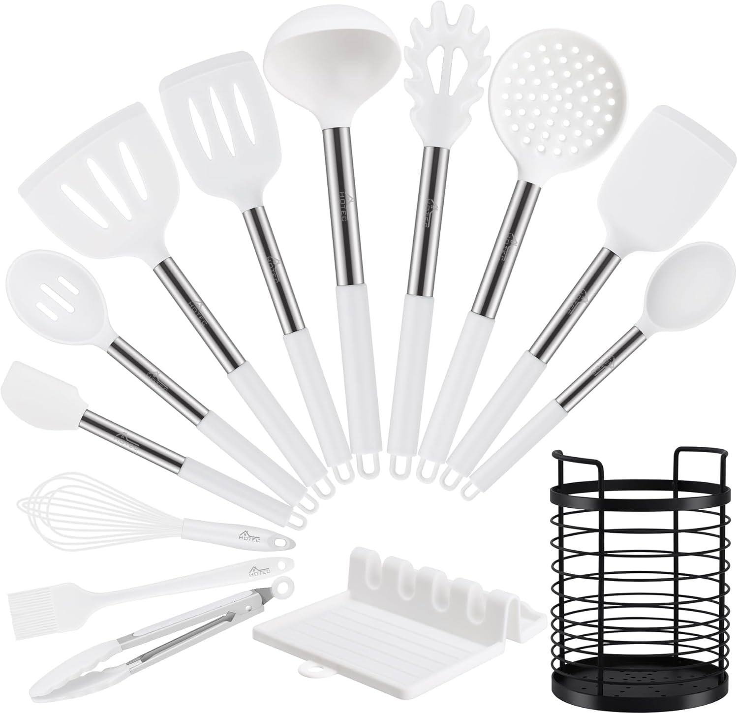 HOTEC Heat Resistant Silicone Kitchen Utensils, Cooking Utensil Set, Spatula Set, BPA Free, Kitchen Gadgets, Utensils Holder, Dishwasher Safe, 14pcs White (White) Thumbnail