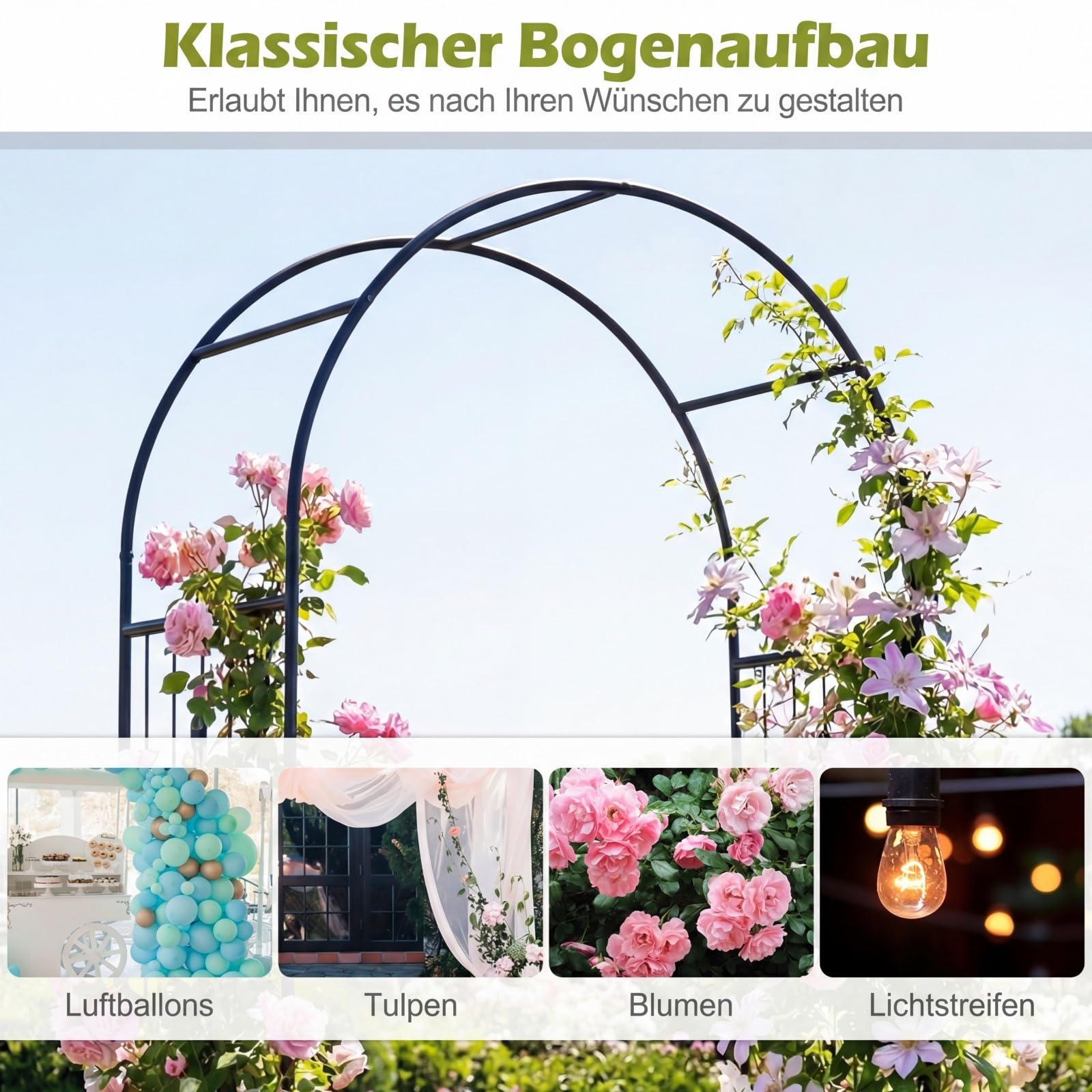 COSTWAY Rosenbogen mit Tür, Gartenbogen aus Metall stabil, Torbogen Garten, Rankbogen für Kletterpflanzen, Rankhilfe Rankgitter Rundbogen, inkl. Erdspieße, für Hochzeit Partys (102 x 49,5 x 223 cm)