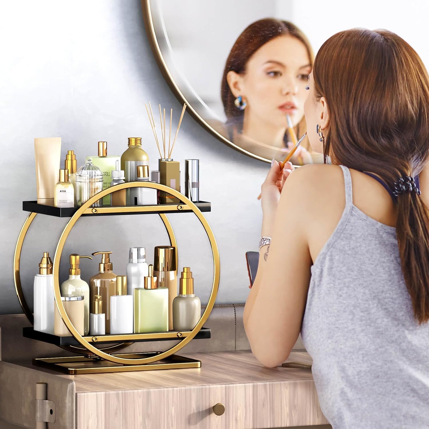 Organizador de maquillaje para tocador, estante de 2 niveles para el cuidado de la piel, bandeja de exhibición de perfume, almacenamiento de encimera de baño, almacenamiento de cosméticos para