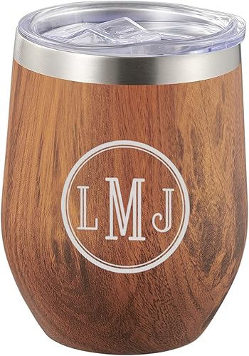 Visol Taza de viaje personalizada de madera de vino de acero inoxidable de doble pared aislada (monograma romano)