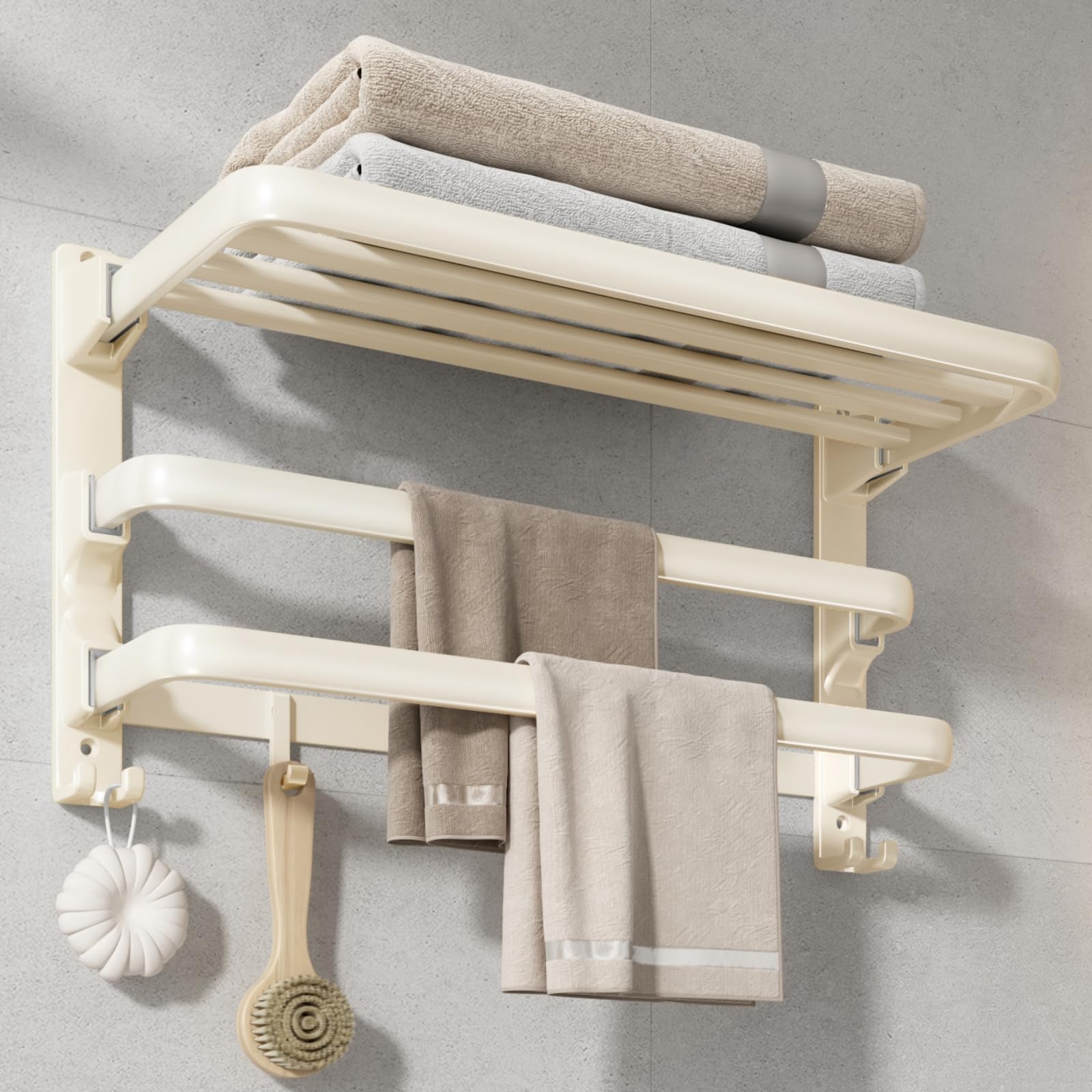 Photo 1 of VOLDRA Towel Racks for Bathroom, 24-Inch Towel Shelf with 2 Towel Bar Foldable Towel Holder with 7 Hooks Towel Storage Organizer for Bathroom & Lavatory Wall Mounted(Milky White)