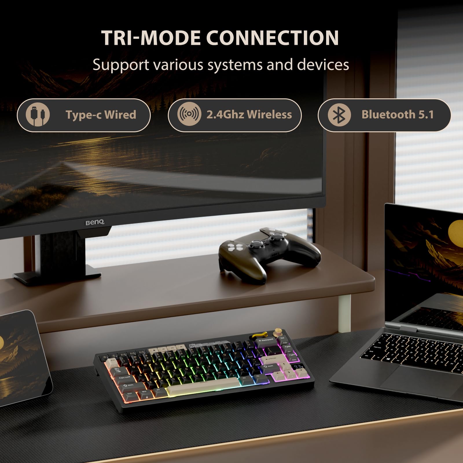 RK ROYAL KLUDGE H81 Hot Swappable Mechanical Keyboard, Triple Mode 2.4Ghz/BT5.1/USB-C Knob Control Wireless Gaming Keyboard Gasket Mounted with RGB Backlit SkyCyan Switch, 75% Layout 81 Keys - 3