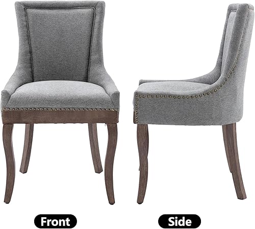 Miniatura 9 de Aoowow Juego de 2 sillas laterales tapizadas vintage de tela, sillas de madera maciza para cocina, comedor con cabezas de clavo, patas de madera