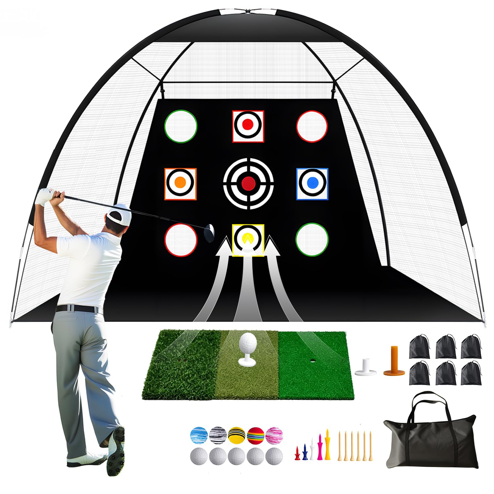 Golf Practice Net for garden, 10x7 Feet (300x200cm) Large Golf Nets for Backyard Driving with Tear-Resistant Mesh,3 in 1 Tri-Turf Mat| Accessories Simulator for Home Training Chipping