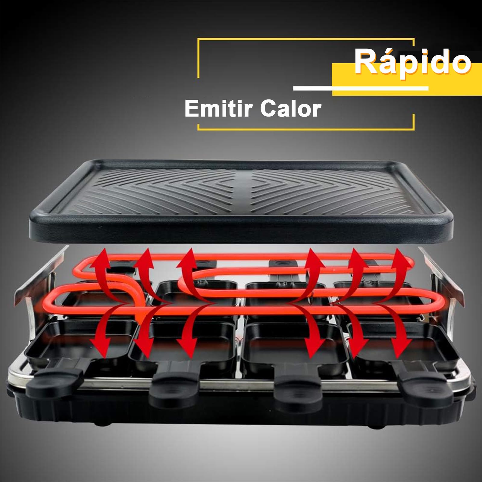 Raclette Electrico para 8 Personas, Grill Plancha Cocina Portatil, Parrilla Asar Barbacoa Pascua de Mesa, con 8 Mini Sartenes y 4 Espátulas de Madera 1300W