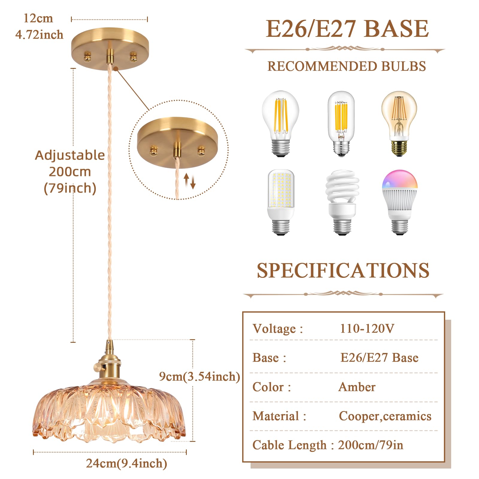 Retro szklana lampa wisząca, klosz ze szkła bursztynowego, E27, 25 cm, vintage lampa wisząca, żyrandol na wyspę kuchenną, sypialnia, przedpokój, gabinet, bar, salon, szafka nocna