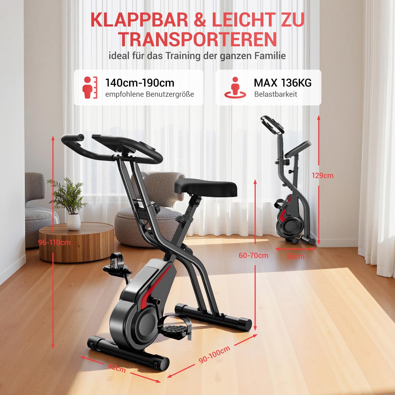CURSOR Ergometer Hometrainer Fahrrad, Heimtrainer Fahrrad Klappbar 5-in-1 | Indoor Bike, 16-Stufen Magnet-Widerstand, Cardio mit Pulsmessung & LED Display, Weicher Sitz, 136kg Belastbarkeit