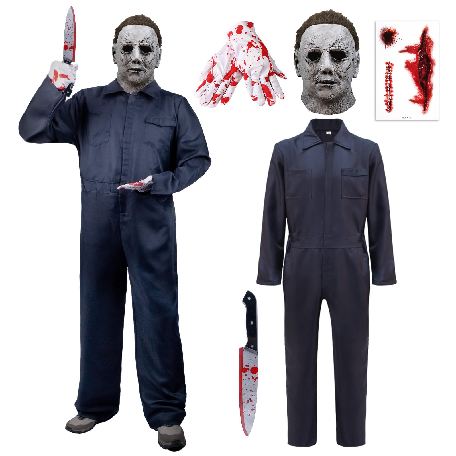 yumcute Halloween Costumes Adult Set, Jumpsuit with Full Head Mask Tattoos Gloves, Halloween Cosplay Fancy Dress Theme Party Outfits