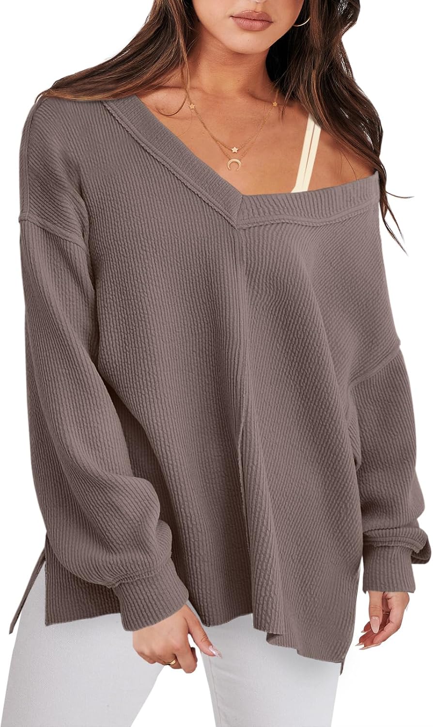 ANRABESS Oversized Long Sleeve Shirts for Women Off the Shoulder Sweatshirt Loose V Neck Tunic Tops High Low Sweater 2025