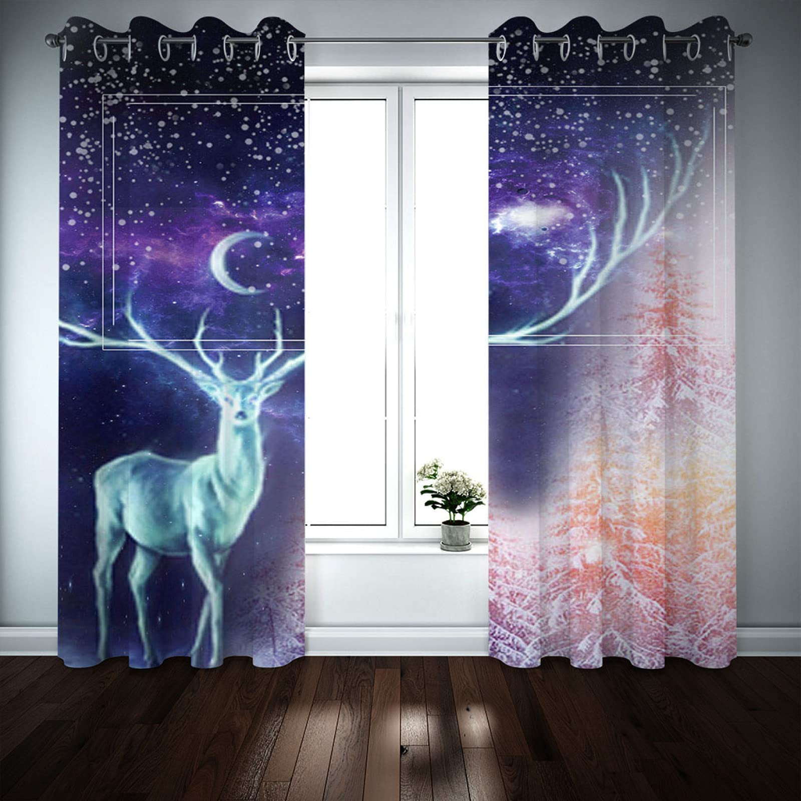 Cortinas Opacas para Salon Moderno - Cortinas Termicas Aislantes con Ollaos - Dormitorio Cocina Decoracion - 3D Alces del Bosque De Estrellas, 2 Piezas 280 X 260 Cm（An X Al）