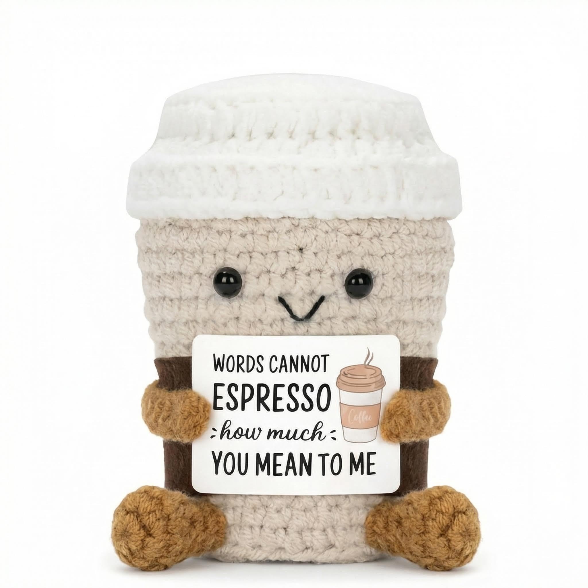 QIANSSE Crochet Coffee Plush with Positive Card, Funny Emotional Support Gift Cute coffee Lover Present for Women Teachers Best Friends