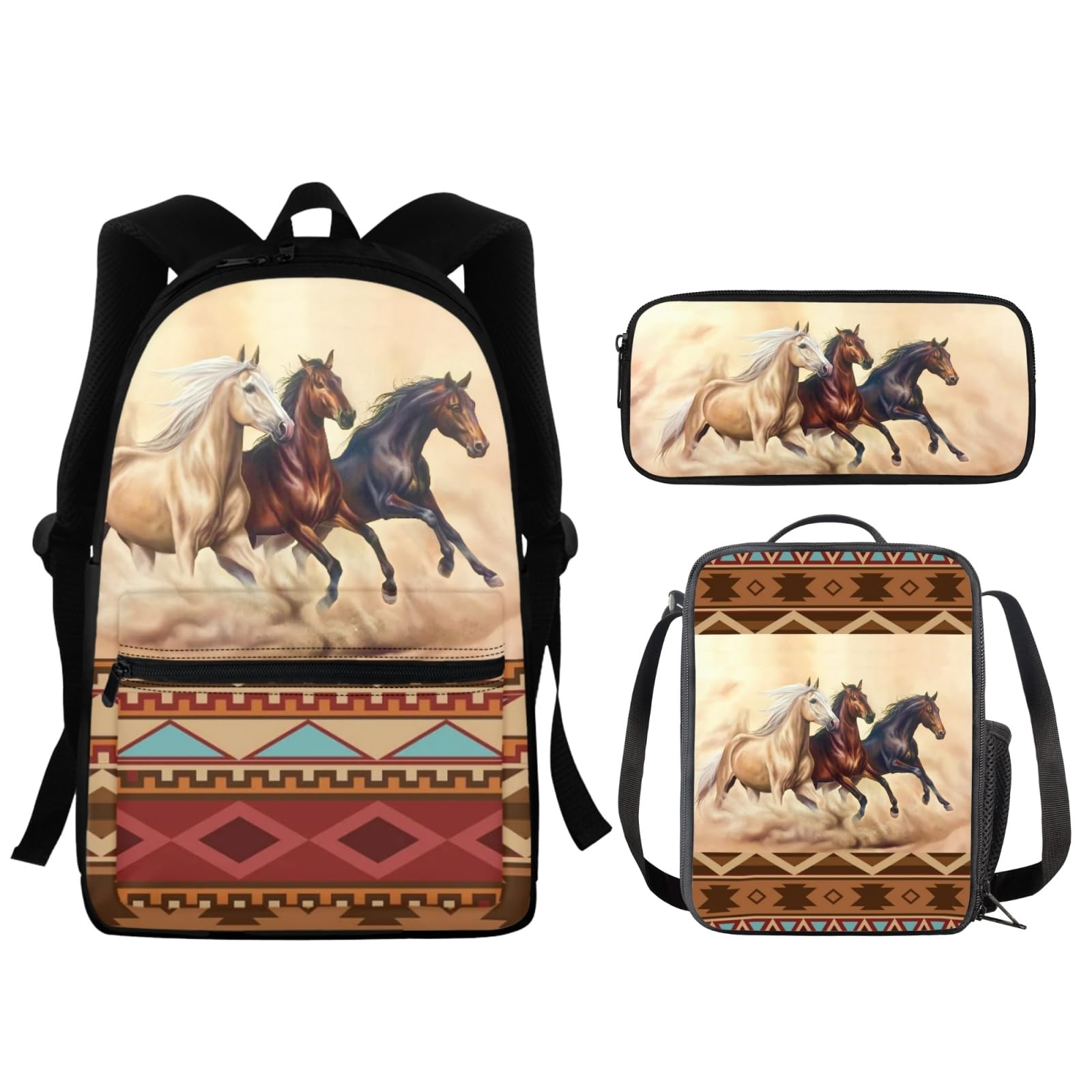 HUIACONG Aztec Western Horse School Backpack Set Purse for Girls Kids School Bag with Lunch Box Pencil Case Elementary Primary Bookbag Large Capacity