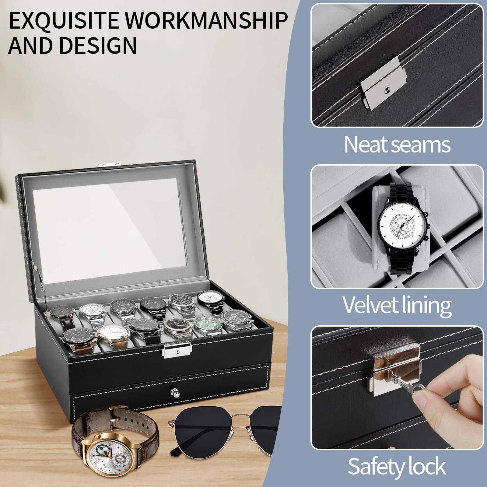 Caja de almacenamiento para relojes con tapa de cristal