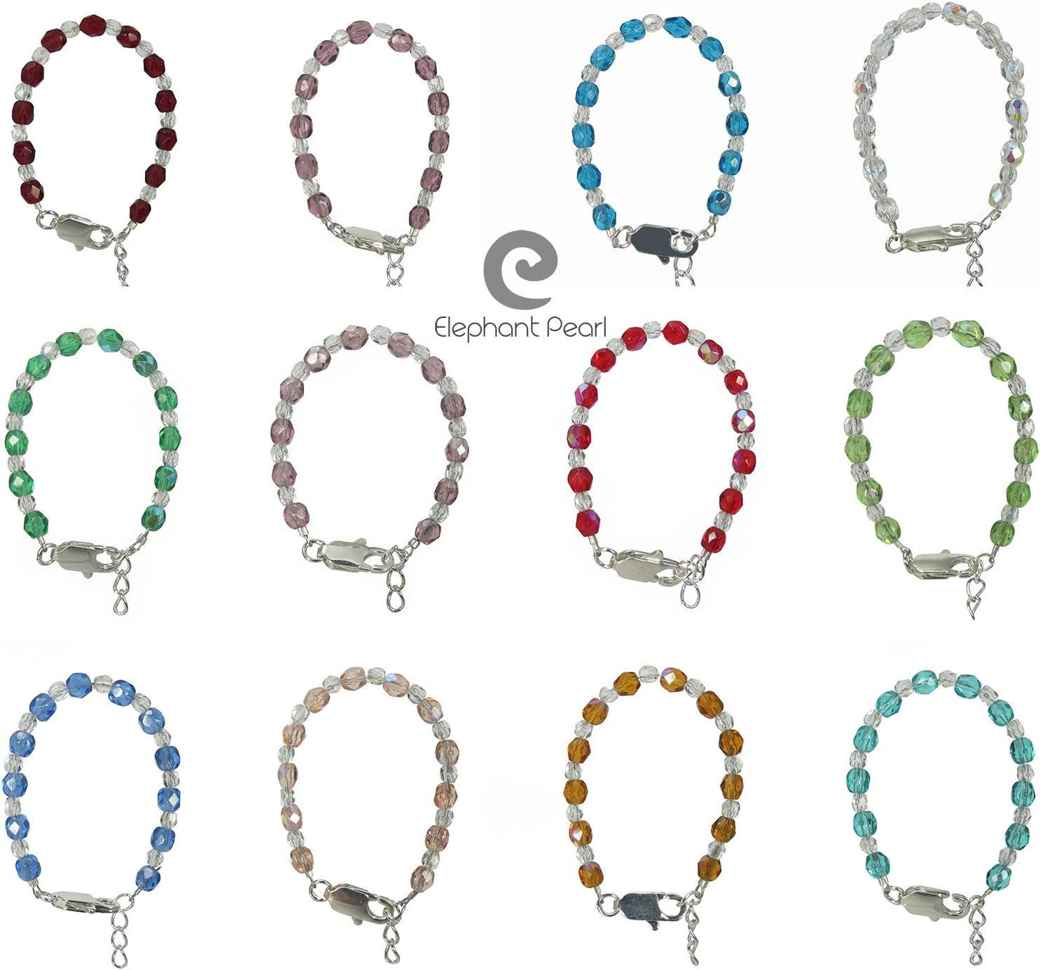 Elephant Pearl Baby Beaded Bracelet, Birthstone Colored Variations 4.5" (0-12 Months) Baby Bracelet