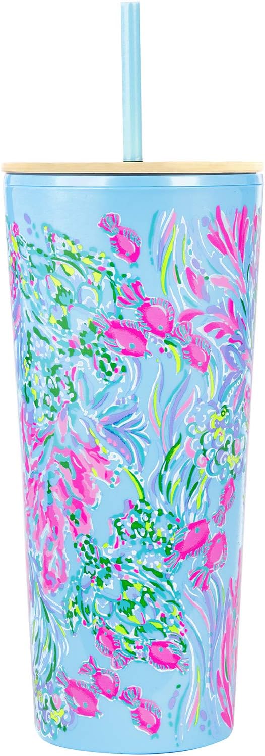 Lilly Pulitzer Pink/Blue Double Wall Tumbler with Lid and Reusable Straw, Insulated Travel Cup Holds 24 Ounces, Best Fishes