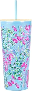Lilly Pulitzer Pink/Blue Double Wall Tumbler with Lid and Reusable Straw, Insulated Travel Cup Holds 24 Ounces, Best Fishes