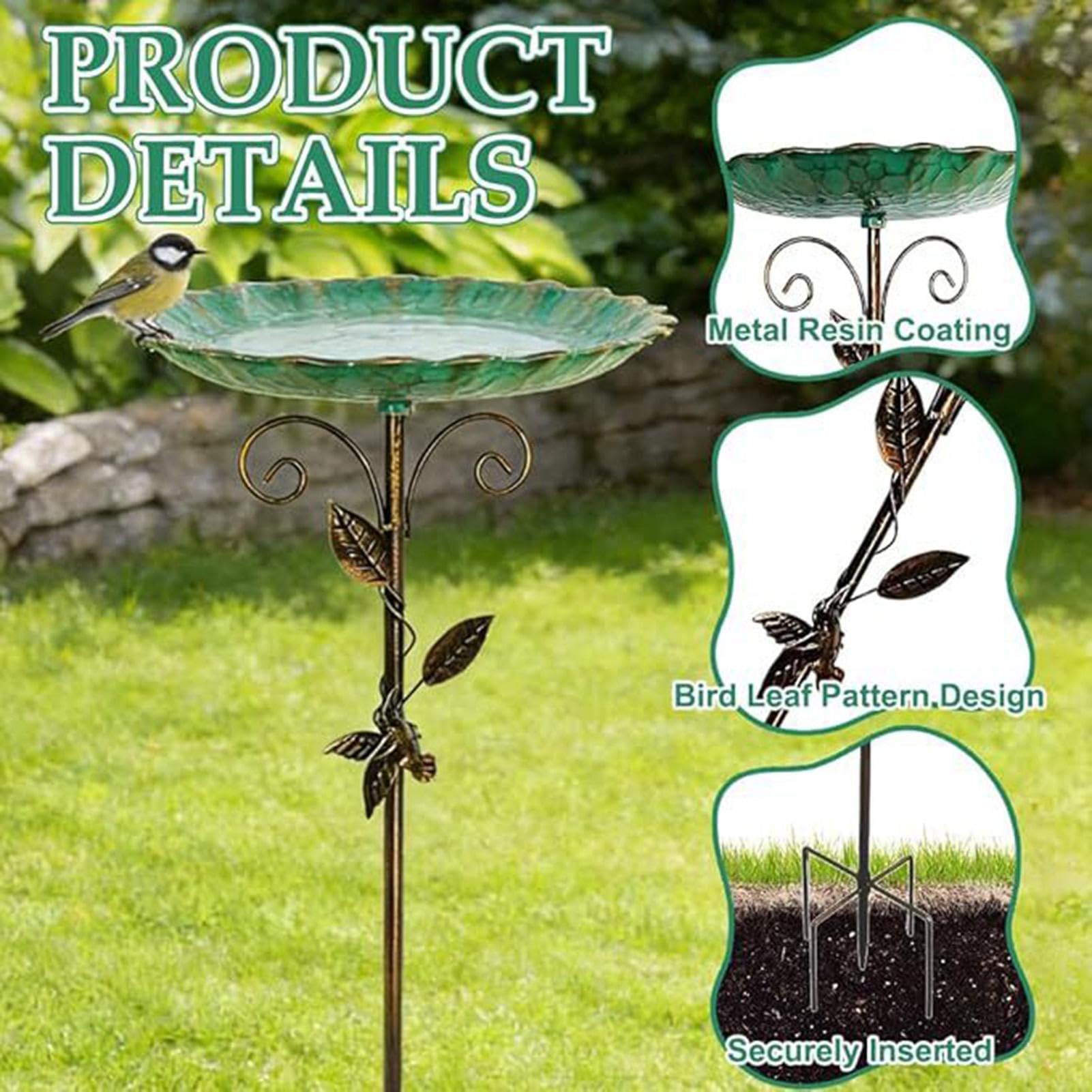 Generisch Bagno per uccelli da esterno – Dispenser di acqua decorativa alto 76,2 cm, abbeveratoio per uccelli con picchetto – per giardino, cortile, terrazza, parco e paesaggio