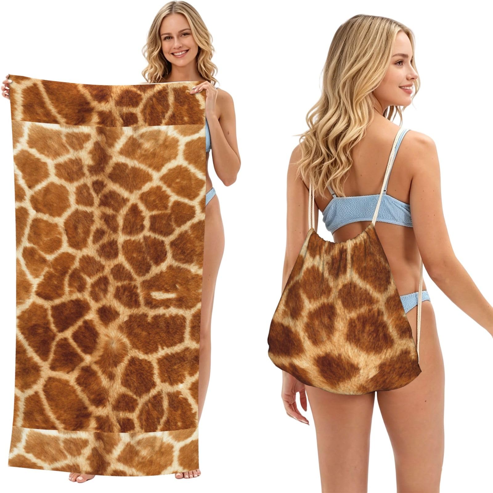 Poadnly As Picture Giraffe Pattern, 2 In 1 Packable Towel Bag, Beach Towels With Drawstring Backpack For Travel Holiday Camping