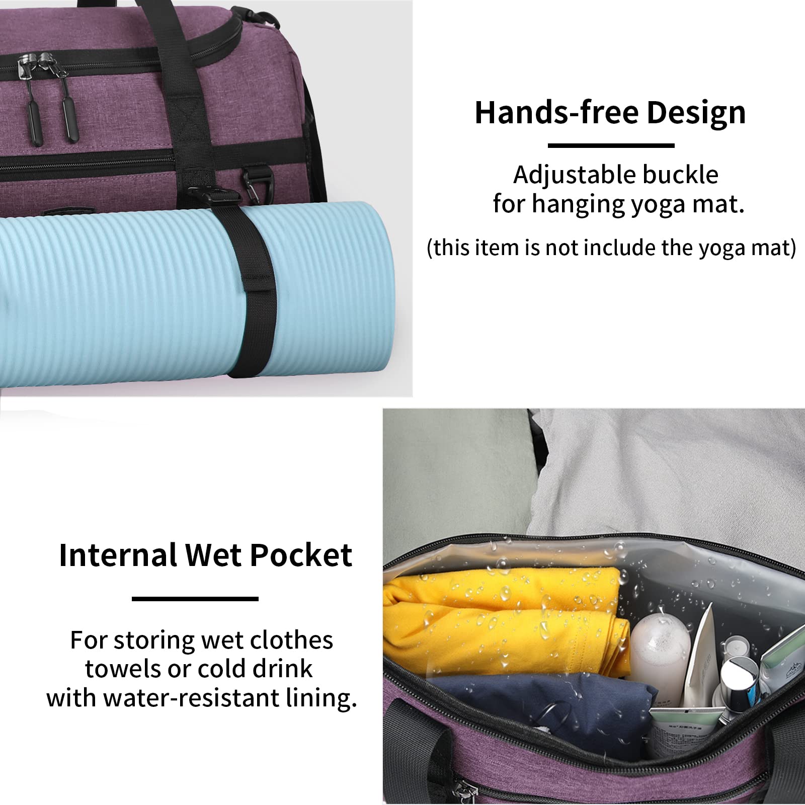 Lubardy Bolsa Deporte 40L Impermeable Viaje con Toalla Microfibra Compartimento Zapatos Violeta