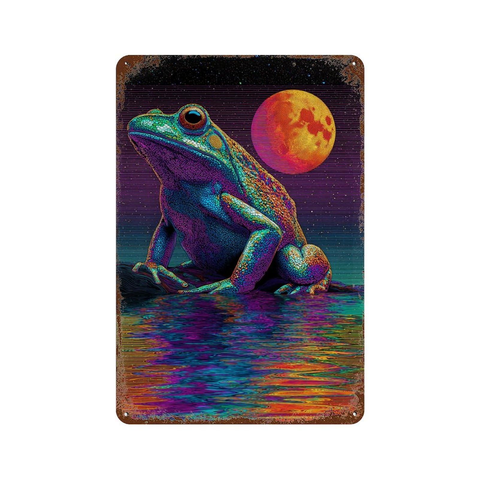 Frog Moon Reflection Art Print Vintage Rust Metal Sign 11.8"x7.9", Shabby Chic Decor for Garage, Pub Or Kitchen