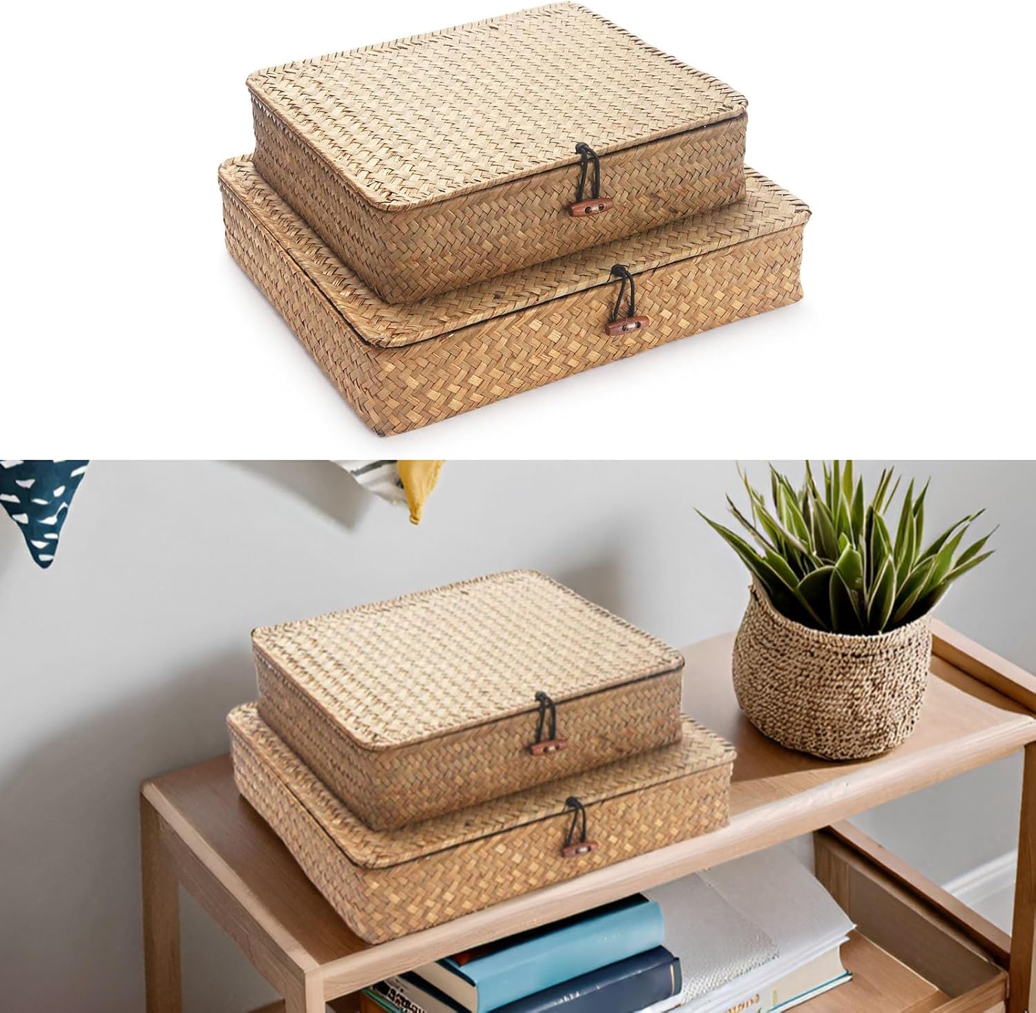 2 Pieces Natural Woven Willow Baskets with Cover Storage Bin for Clothes Toy Books Storage and Home Decors Interlaced Box