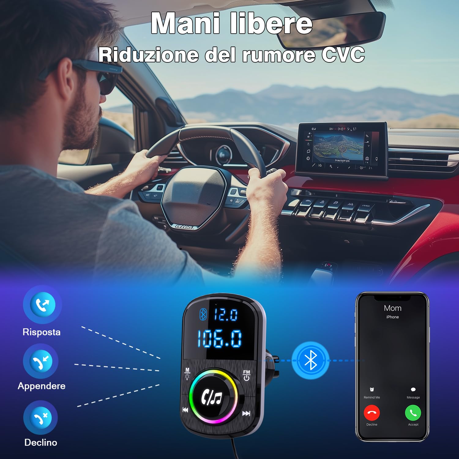 GizmoVine Bluetooth Coche, Transmisor FM, Soporte Manos Libres/QC3.0 y PD Cargador Rápido/Luz Ambiental/Base Autoadhesiva y Clip con Cable 1.1 - Reproductor de Música con Tarjeta BT/TF