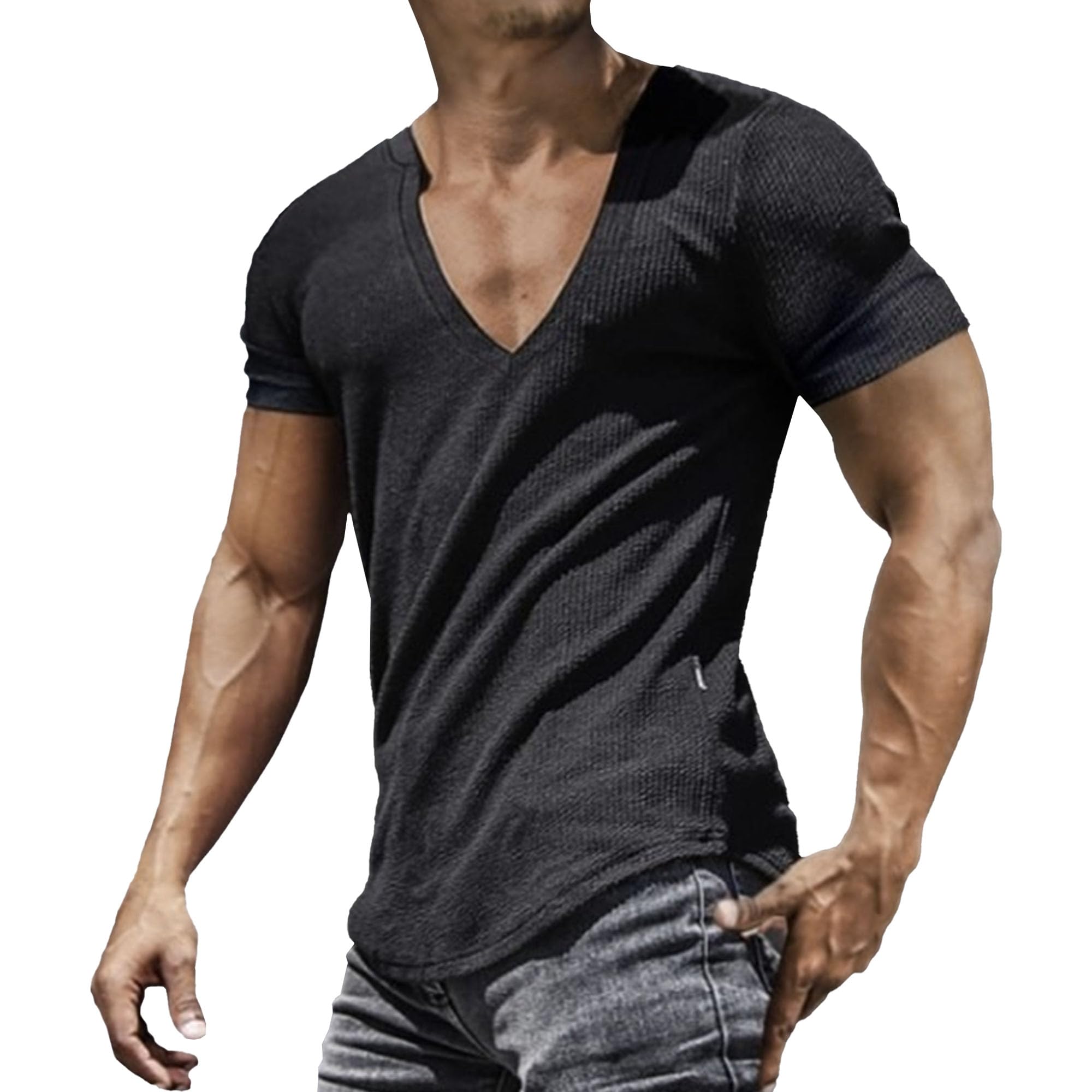 Men V-Neck Casual Fashion Striped T-Shirt Classic Cozy Short Sleeve Daily Tees Summer Comfortable Street Shirt (Black,X-Large)