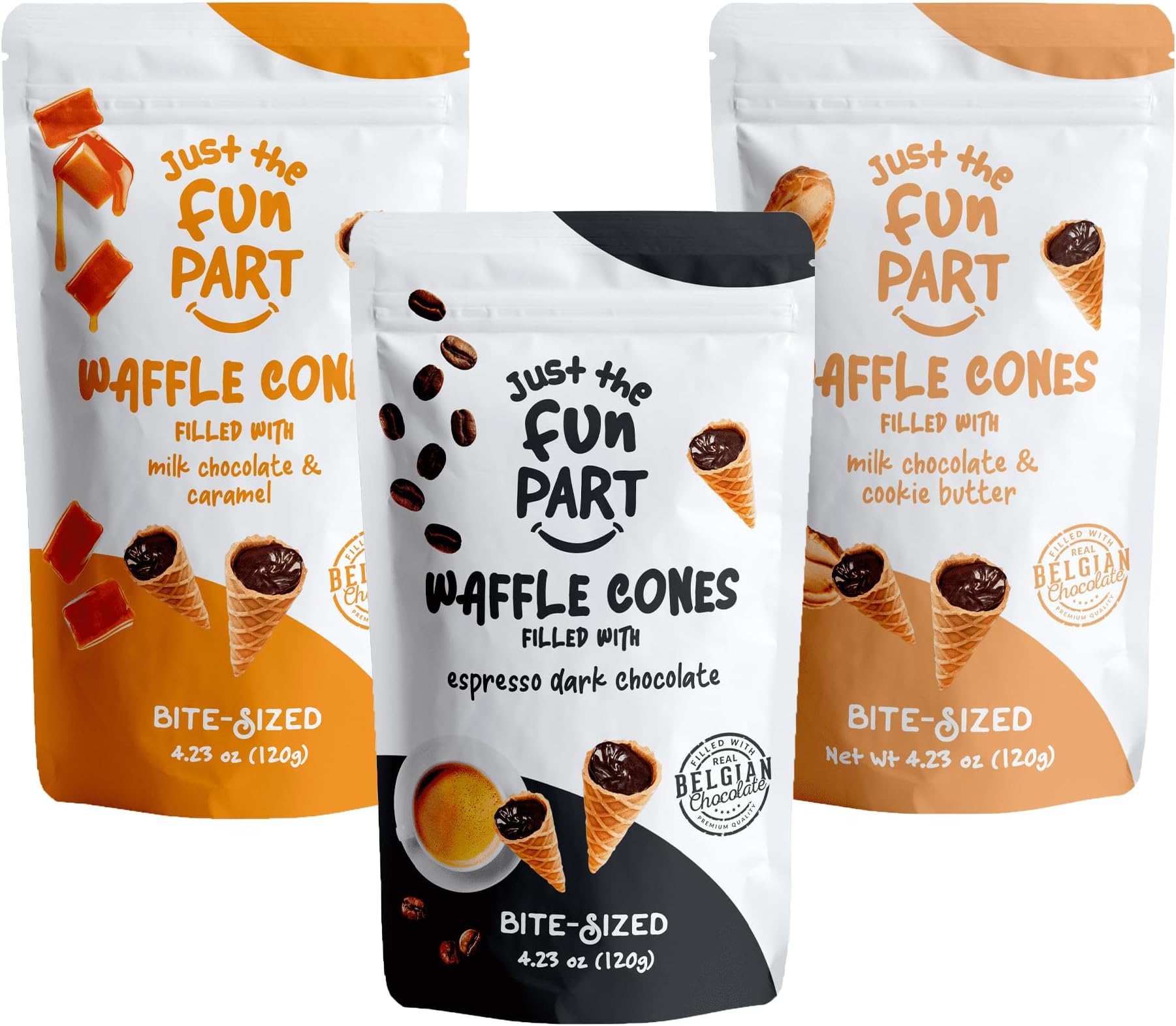 Just The Fun Part, Bite-Size Crispy Mini Waffle Cones with Premium Belgian Chocolate, Great for Snacks, Dessert, Grab & Go - Kosher (Espresso, Caramel, Cookie Butter)