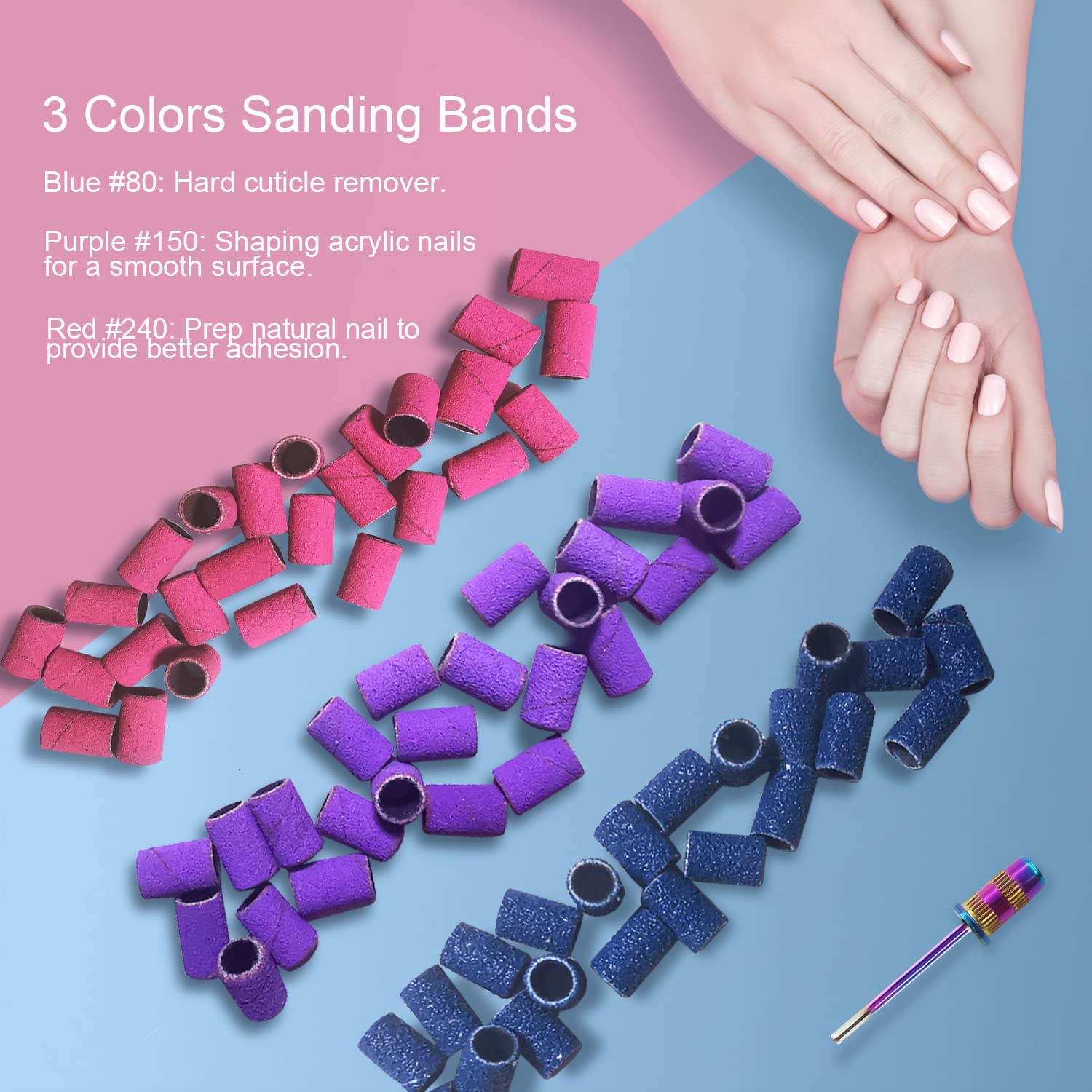 Brocas de uñas bandas de lijado para taladro de uñas, brocas Corfulra para uñas, 210 bandas de lijado gruesas finas # 80 # 150 # 240 con broca de mandril arco iris para taladro eléctrico de uñas