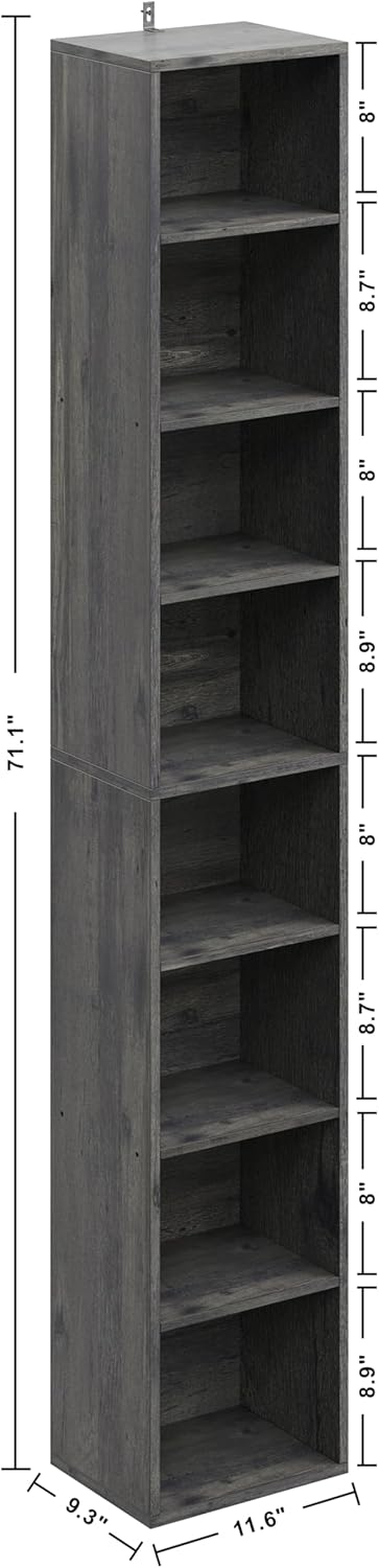 IRONCK Tall Narrow Bookshelf 8 Tiers, Compact Corner Bookcase, Floor Standing Display Storage Shelves 71 in Tall, Easy to Match for Living Room, Office, Study, Bedroom