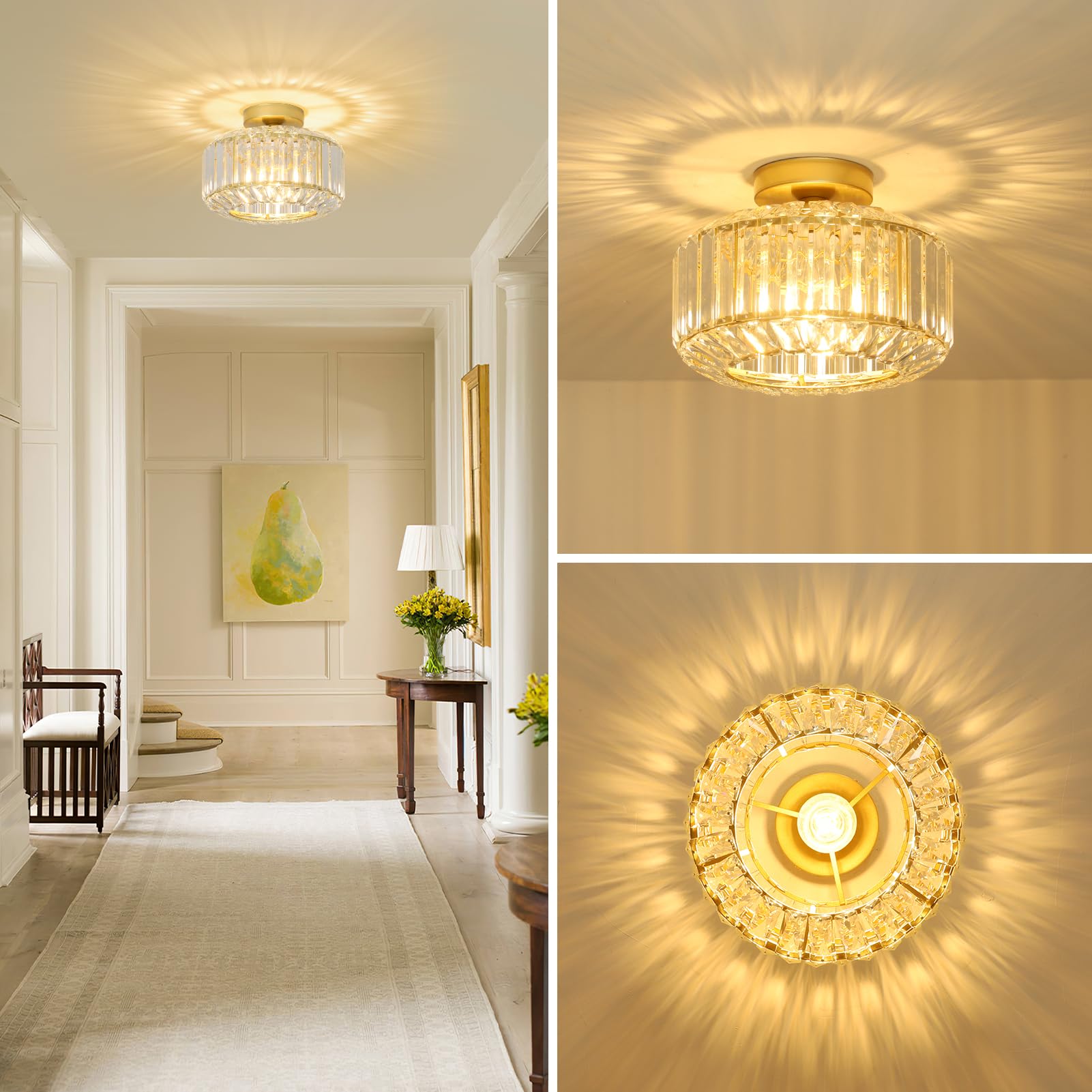 Gold Deckenlampe Wohnzimmer, Kristall Deckenleuchte Wohnzimmer, Deckenlampe Schlafzimmer mit Glas Lampenschirm, Gold Kronleuchter, Modern Kristall Kronleuchter für Esszimmer Flur Küche