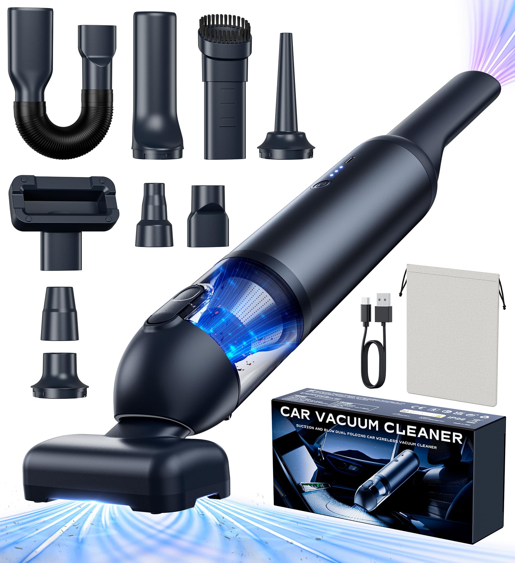 Aspirapolvere Auto, Aspirabriciole Senza fili 16000 PA, Aspirapolvere per Auto Regolazione a 2 Velocità, 9 In 1 Aspirabriciole con Motore Brushless per Divani, Auto, Cucina, Computer, Tavolo