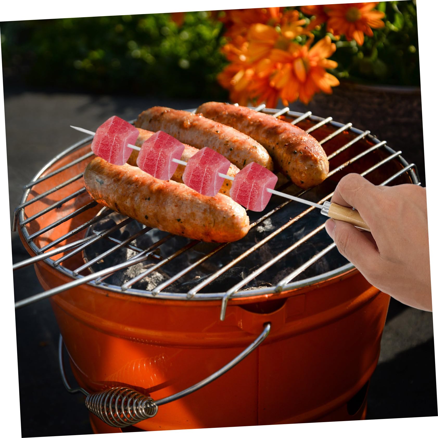 50 Spiedini in Acciaio Inossidabile Manico in Legno per Barbecue, Spiedini Piani Versatili e Antiscivolo per Carne e Verdure alla Griglia
