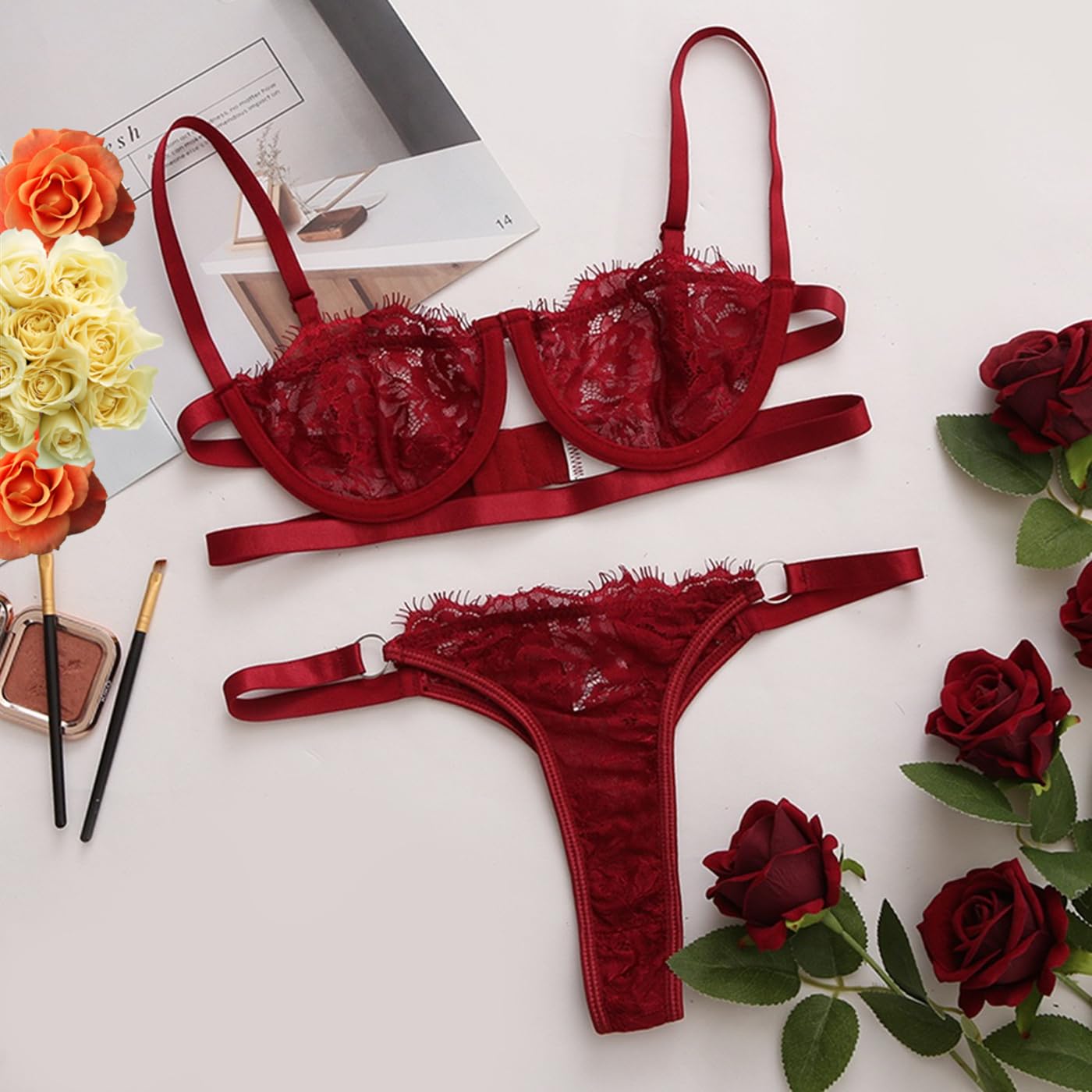 ZWCHGJ Spitzen-Dessous-Set, 2-teilig, Halbschalen-BH und Riemchen-Tanga mit Wimpern, Häkelspitze, offene Körbchen, Bralette, Push-Up-Netz-BH und Höschen-Bikini für Geschenke, Nachtwäsche,