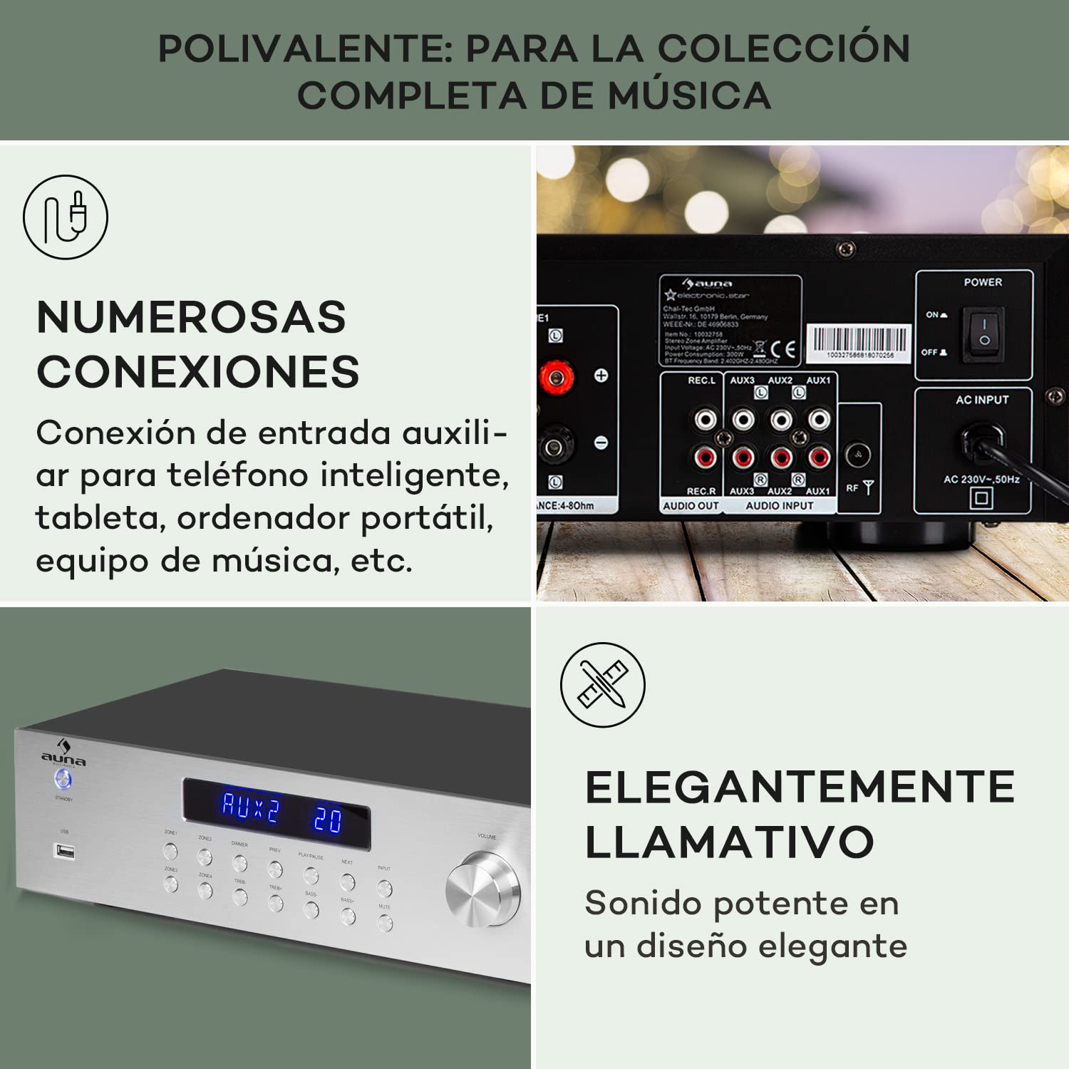 AUNA Amplificador Audio Bluetooth para Equipo de Musica, Amplificador HiFi, AV y Control de Agudos y Bajo, Amplificadores Sonido con Subwoofer, 4 Canales de Audio y Altavoz con Mando a Distancia