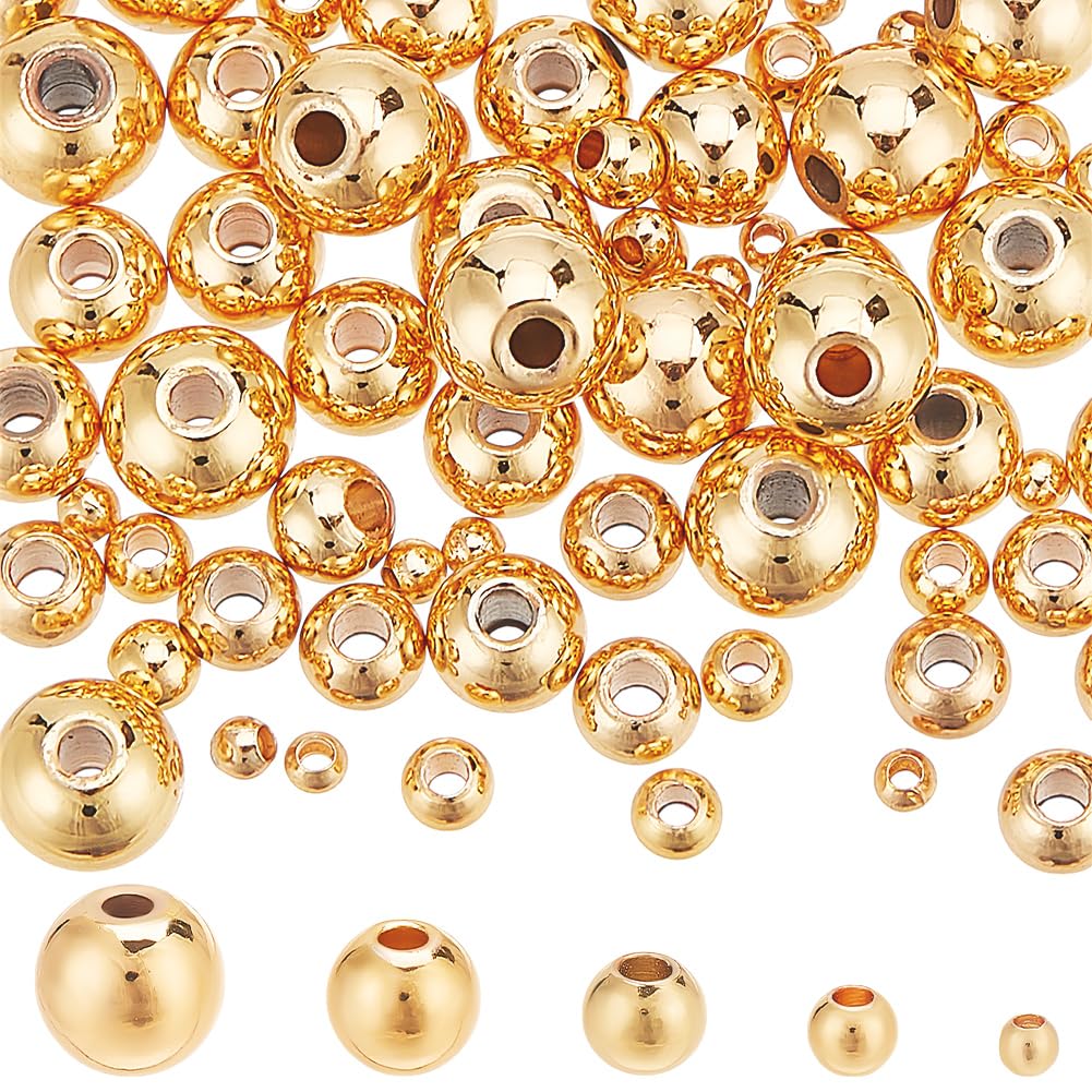 HOBBIESAY 75Pcs 5 Styles 14K Gold Plated Beads 2-6mm Round Spacer Beads Brass Tiny Smooth Metal Spacer Rondelle Loose Spacers Bead for DIY Crafts Bracelets Necklace Jewellery Making