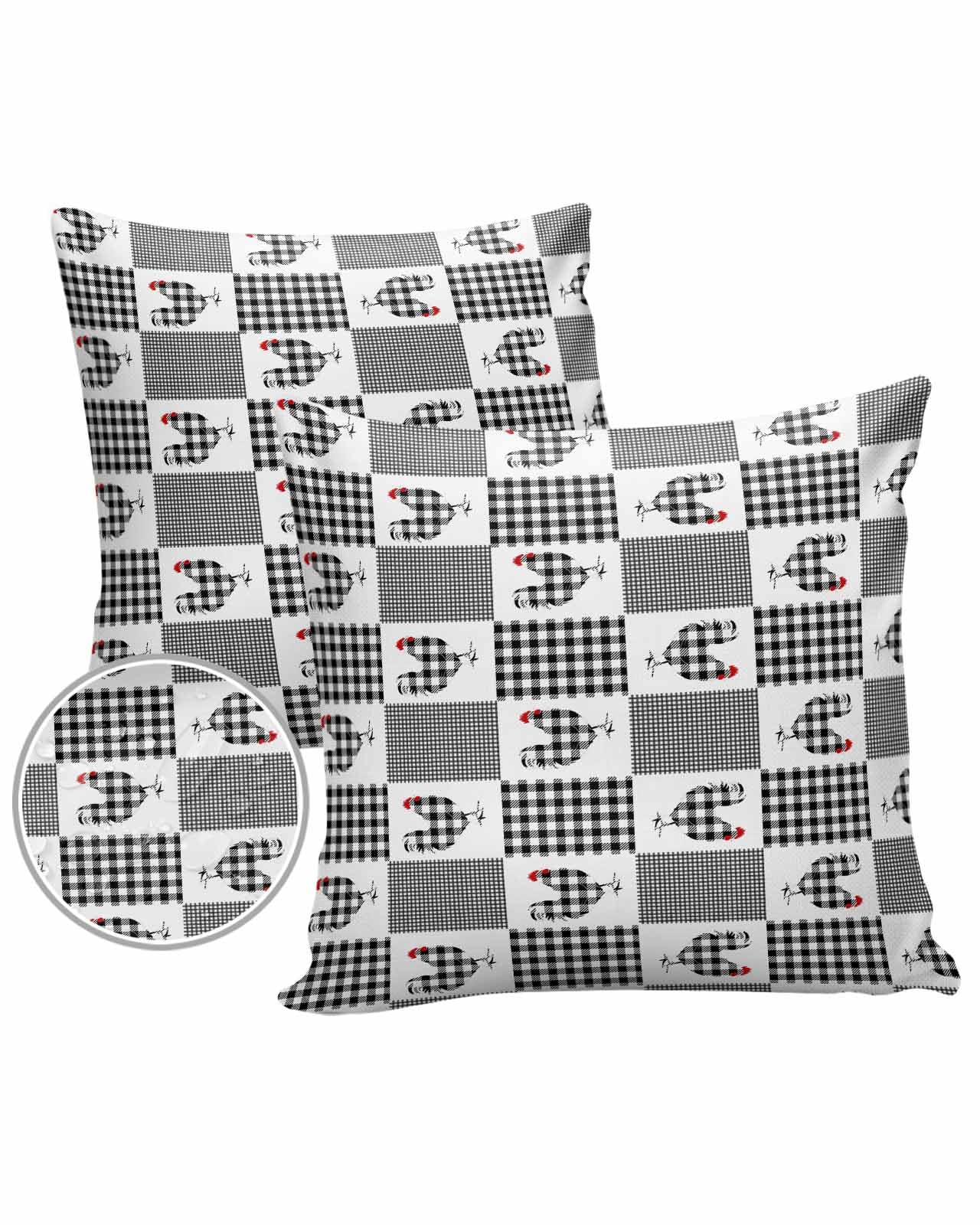 Black Rooster Outdoor Pillow Covers Waterproof,All Weather Cushion Case Set of 2 Decorative Pillowcases for Sofa Couch Bed Patio Furniture 20