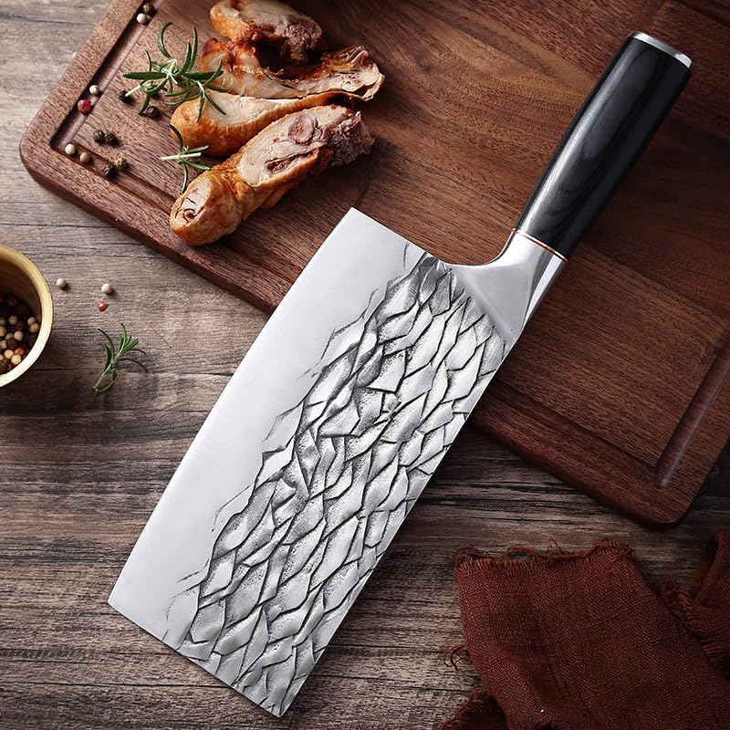 Meat Cleaver,Cleaver Knife 7.5 Inch Forged Hammer Pattern Chopping Knife Stainless Steel Pakkawood Handle Sharp Meat Slicing Chef Kitchen Knives, LAMAJIGA5844