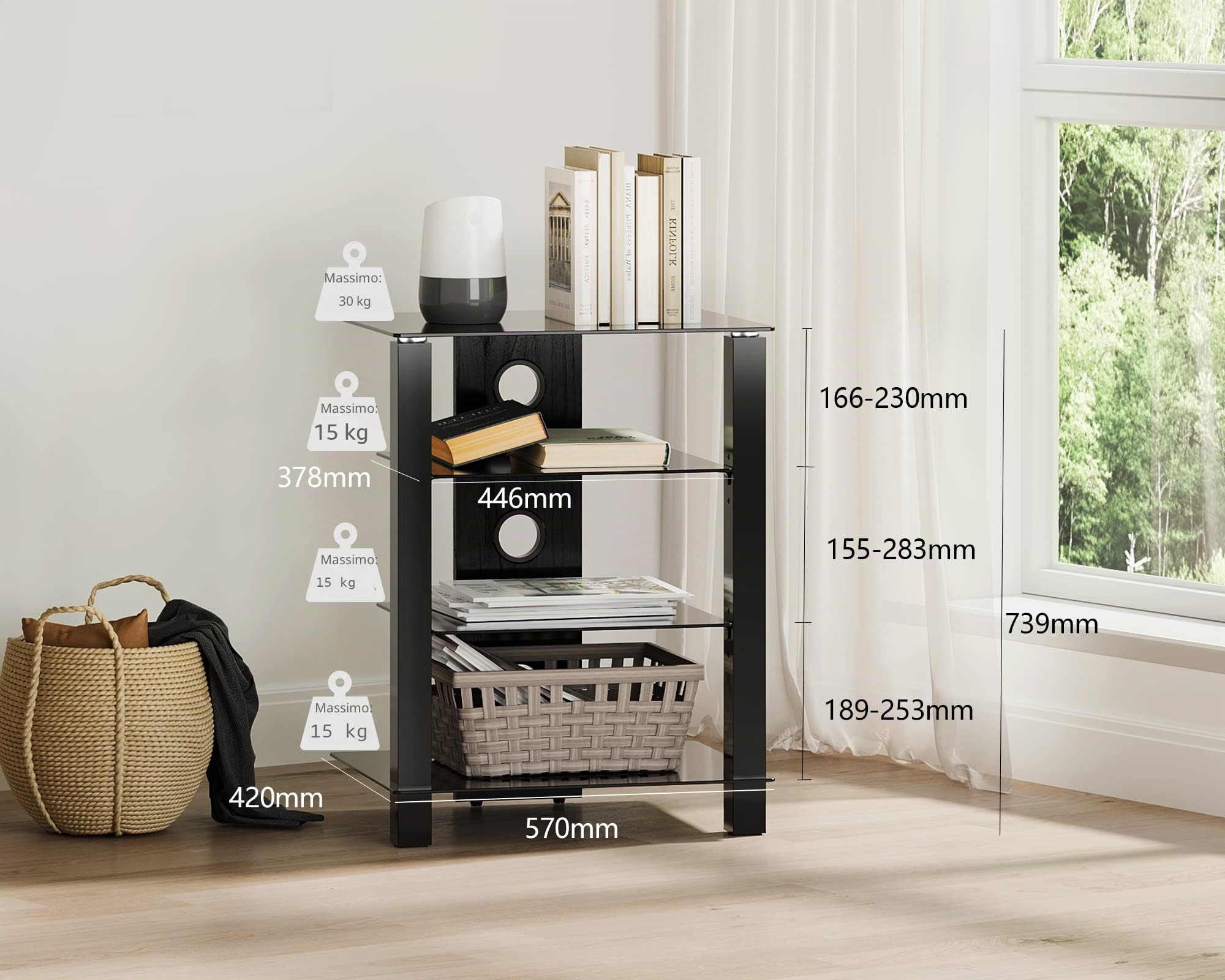 FITUEYES Supporto HIFI a 4 Livelli, in Vetro Temprato Nero per Amplificatore/Giradischi/CD, Rack HiFi con Gestione Cavi e Altezza Regolabile, Mobile Giradischi 57 × 42 × 74 cm, Carico 30 kg