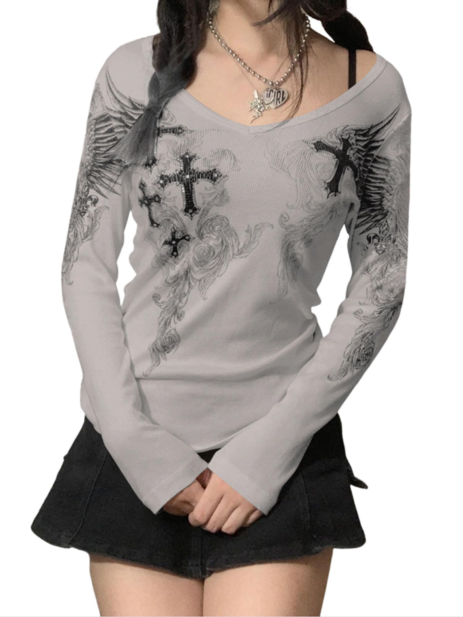 YILEEGOOWomen Y2K Long Sleeve Tops T Shirt Gothic Cross Wings Print Patchwork V Neck Basic Tops Shirt Vintage Fairy Grunge Streewear