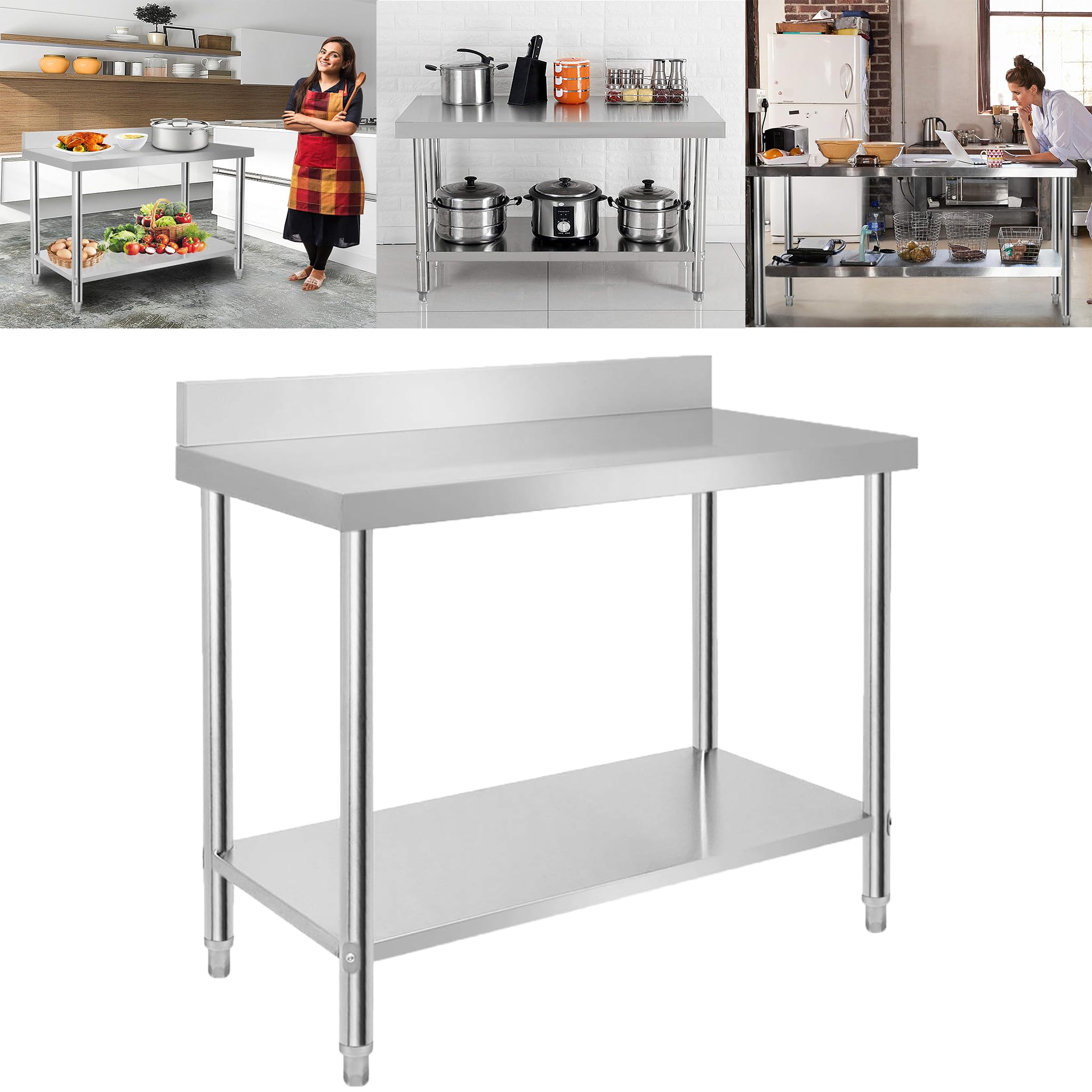 ACXIN Tavolo da lavoro in acciaio inox con piedini regolabili in altezza e grande ripiano inferiore da cucina, tavolo da lavoro per la preparazione degli alimenti, 100 x 60 x 85 cm, argento (con