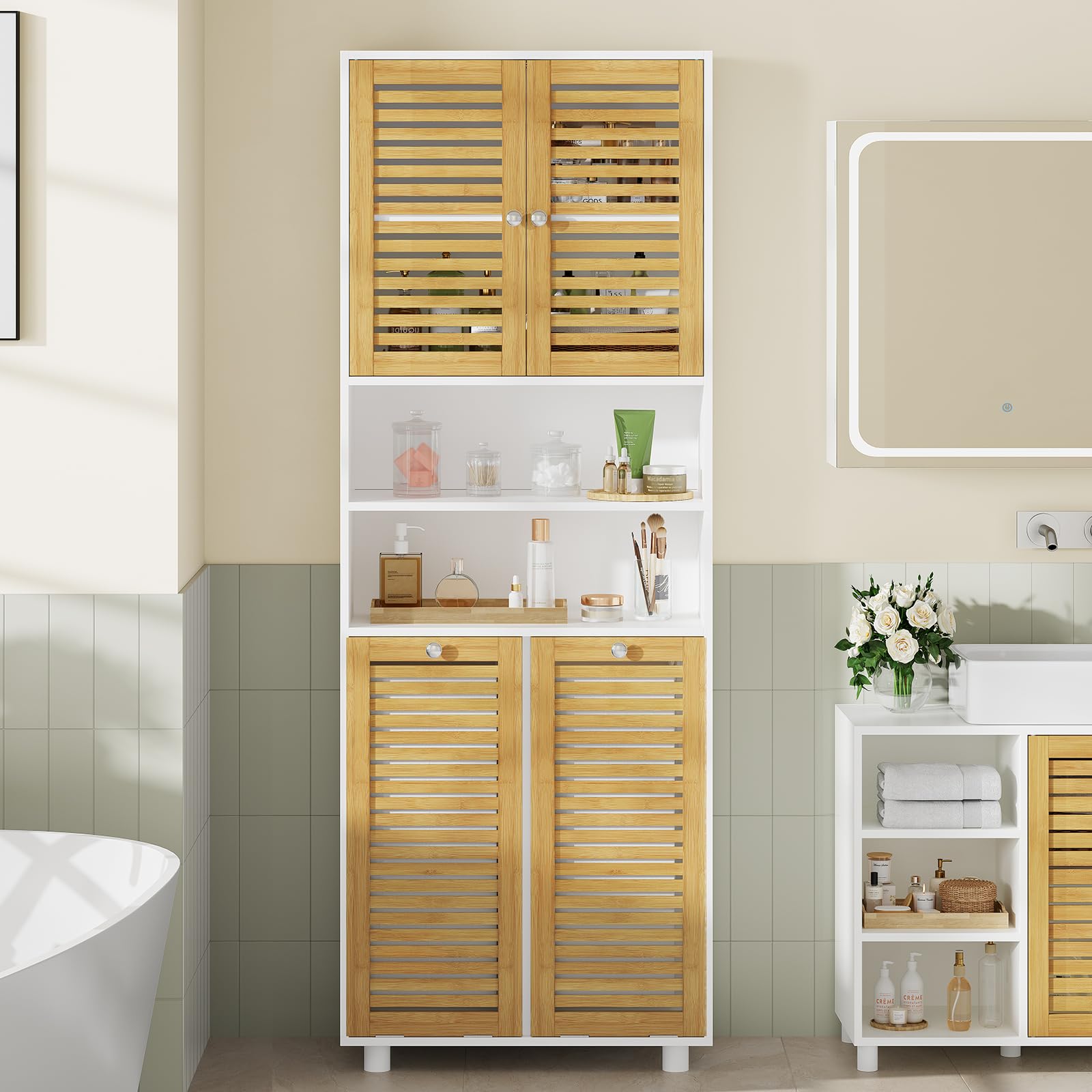 Badezimmerschrank mit Wäschekörbe, Badschrank mit 3 offenen Fächern und 2 Wäscheboxen, herausnehmbarer Wäschesack mit Griffen, Badezimmer Hochschrank mit verstellbare Ablage, 60 x 28 x 170 cm