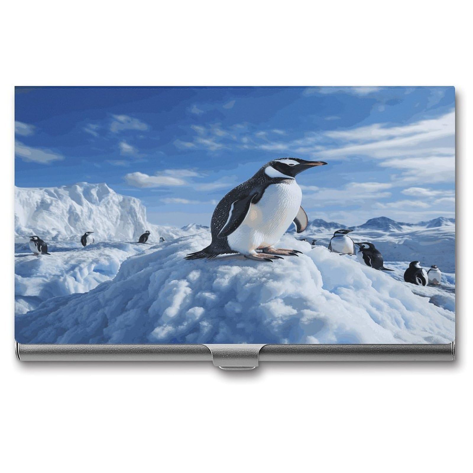 LDGSUPH Snow Mountain Penguin Business Card Holder Fashion Slim Name Card Holder Minimalist Design Case Metal Card Carrier Personalized Business Card Case with Flip for Men Women