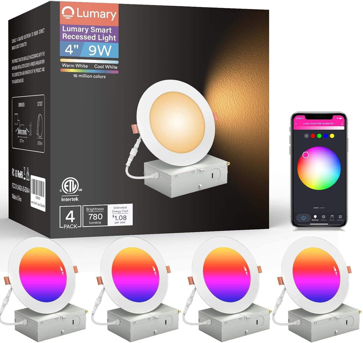 Lumary 4 Inch Smart WiFi Recessed Lights, 9W 780LM Ultra-Thin LED Recessed Lighting, Smart LED Wafer Downlights with Junction Box, Works with Alexa/Google Assistant/BT Remote, ETL Listed, 4 Pack Lumary 4 Inch Smart WiFi Recessed Lights, 9W 780LM Ultra-Thin LED Recessed Lighting, Smart LED Wafer Downlights with Junction Box, Works with Alexa/Google Assistant/BT Remote, ETL Listed, 4 Pack