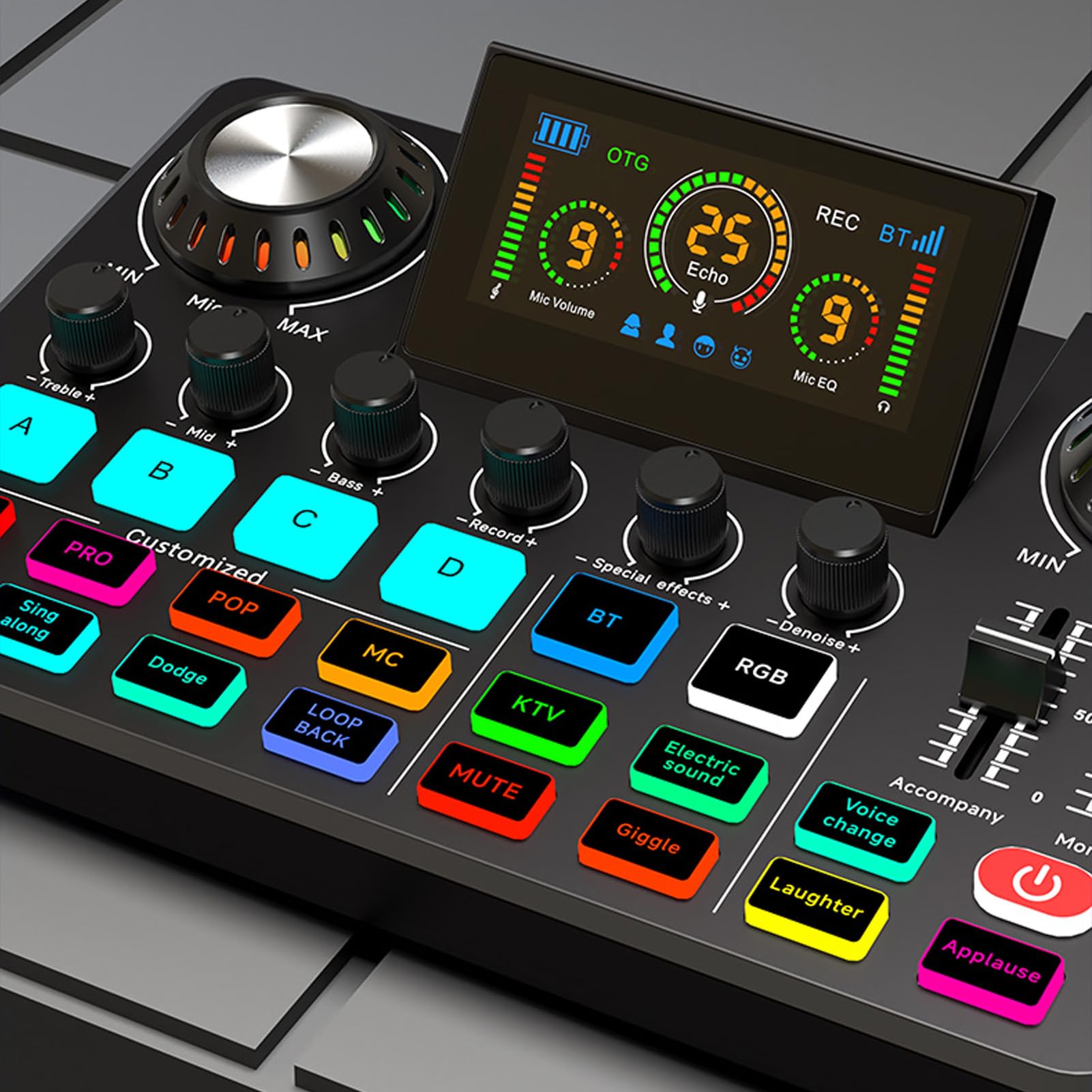 Scheda audio live, scheda mixer audio professionale con cambio voce, schermo LED regolabile, riverbero e luci RGB, mixer audio per streaming e podcasting