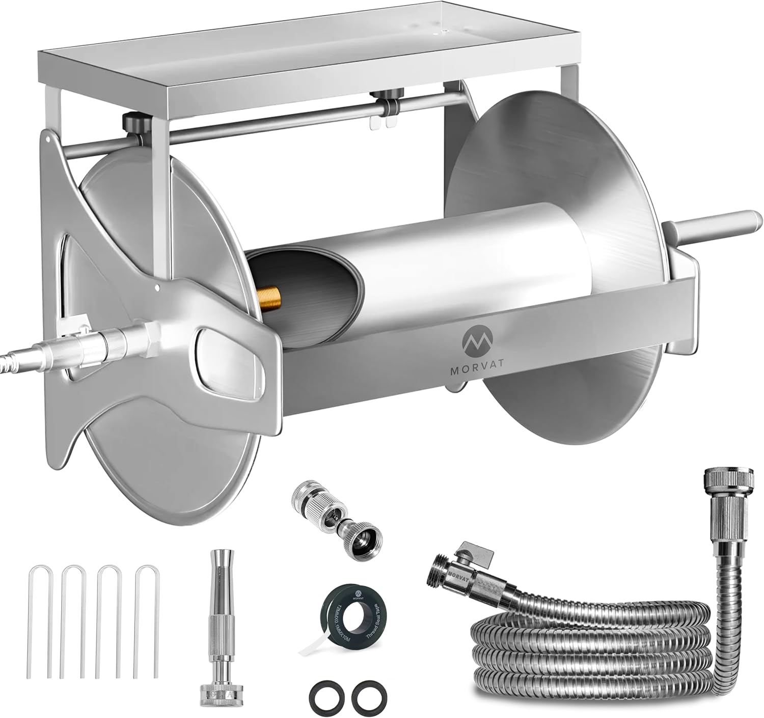 Stainless Steel Wall-Mount Hose Reel with Crank and Shelf