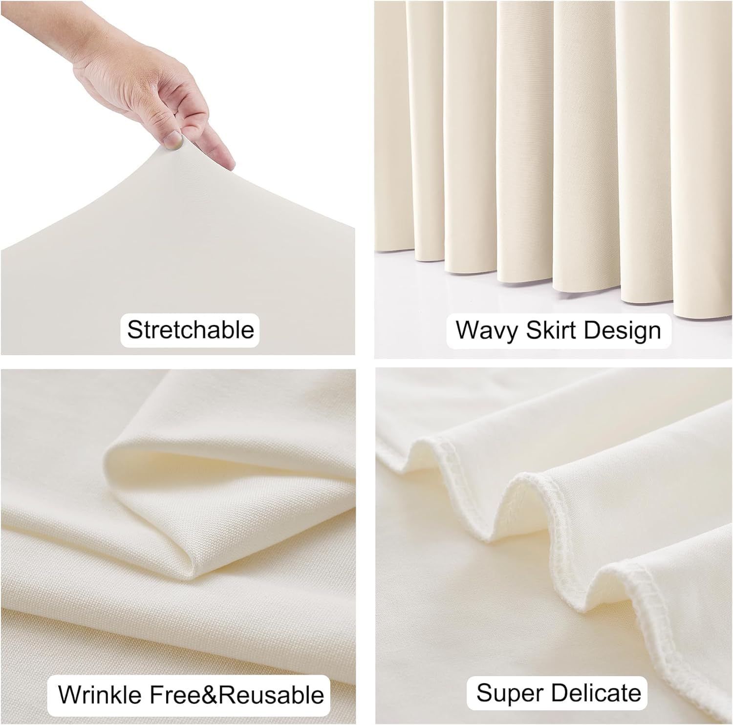 NSSONBEN 4-Pack Elfenbein Rechteckig Spandex Tischdecke für 180cm Rechteck Tische, Faltenfreie Stretch Tischdecke mit Rock für Bankett Party Hochzeit Geburtstag Meeting Muttertag Tischdecken
